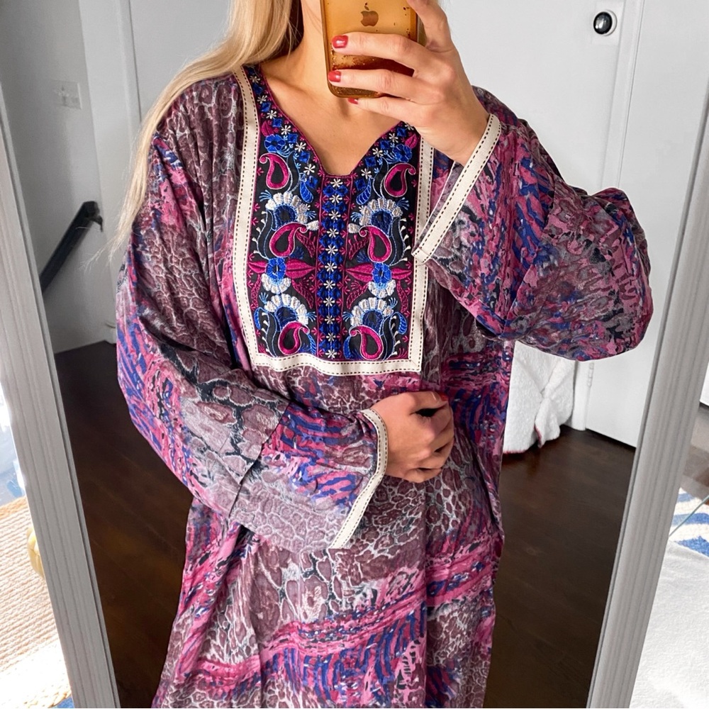 💗 BOHO PINK BLUE MULTI EMBROIDERED LOOSE FIT MAXI DRESS!